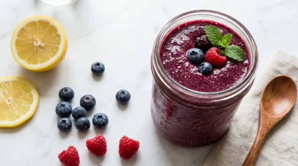 Berry chia weight loss drink in a mason jar showing deep purple color from blended blueberries and raspberries