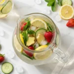A glass pitcher filled with lemon-ginger infused water surrounded by fresh lemons, cucumber, strawberries, and mint on a white marble surface