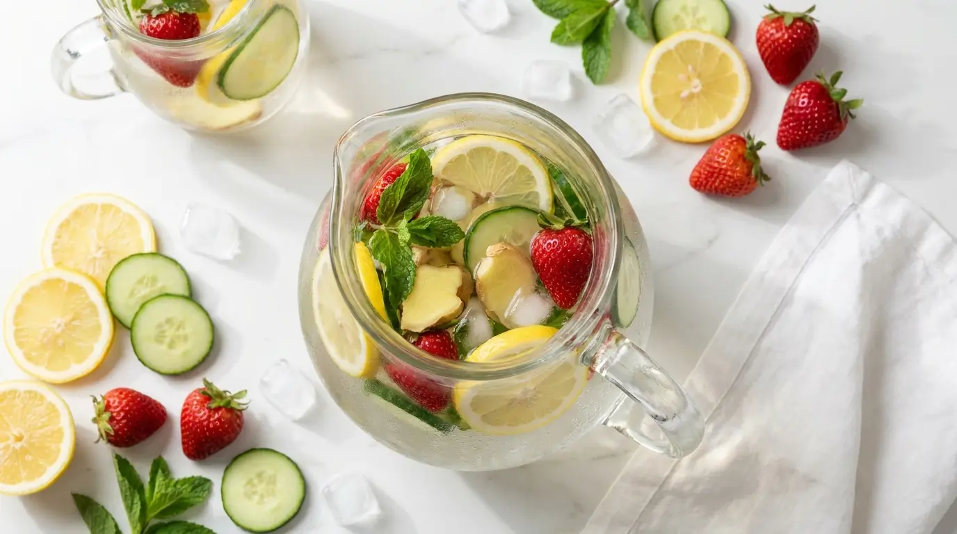 A glass pitcher filled with lemon-ginger infused water surrounded by fresh lemons, cucumber, strawberries, and mint on a white marble surface