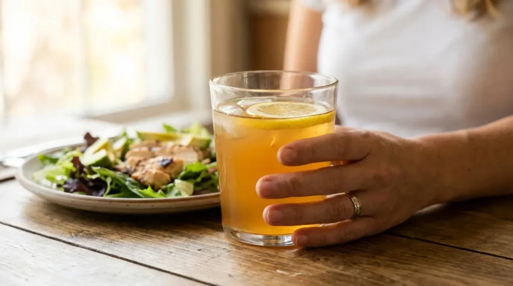 Apple cider vinegar glass with drinking straw and dilution reminders for enamel safety