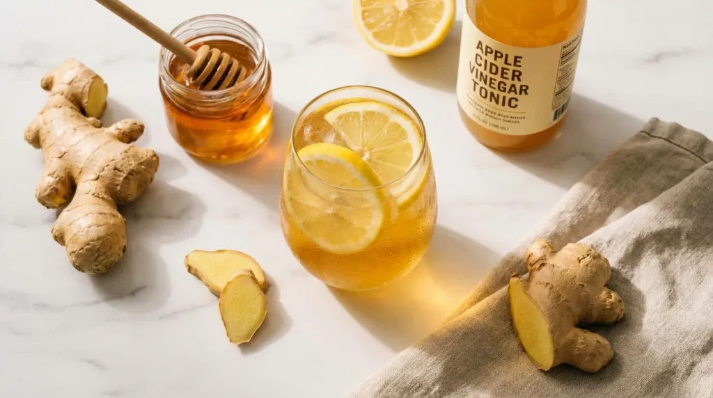 Glass of apple cider vinegar weight loss tonic with lemon and ginger on marble surface