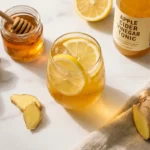 Glass of apple cider vinegar weight loss tonic with lemon and ginger on marble surface