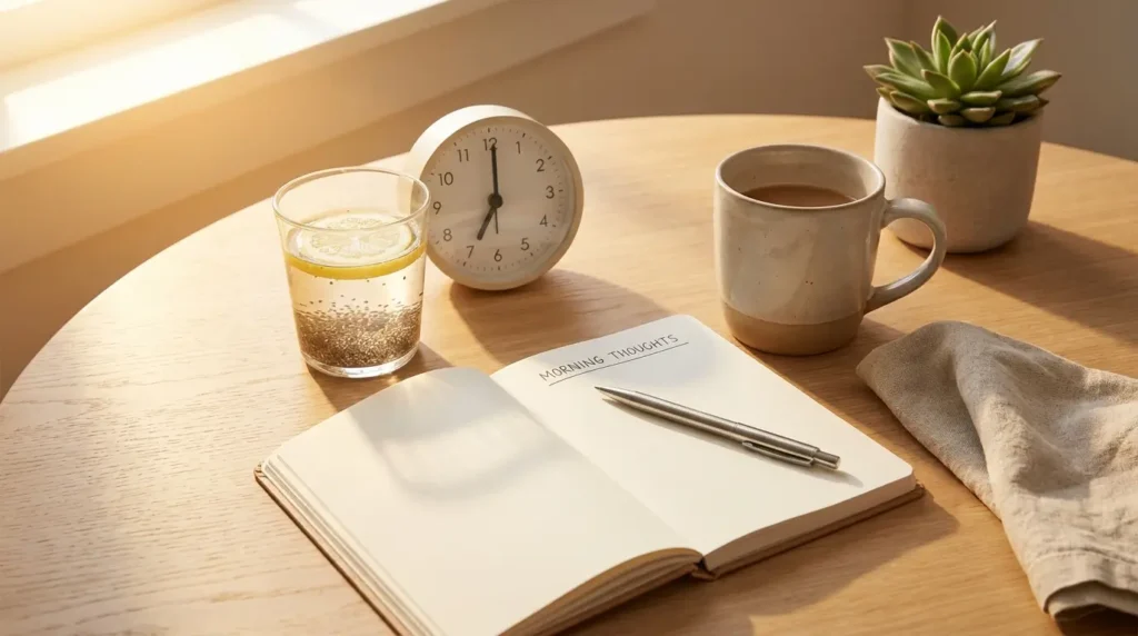 Glass of chia seed water beside a clock at 7 AM representing the best morning timing for drinking chia seeds
