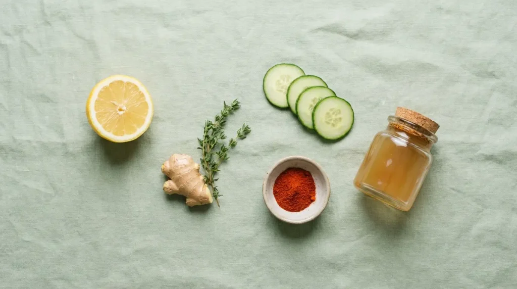 Lemon water boosted ingredients flat lay — fresh lemon, ginger, cucumber, cayenne, and apple cider vinegar
