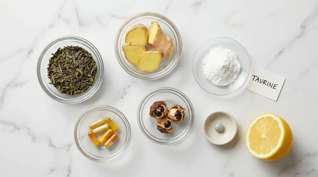 Flat-lay of Celsius energy drink ingredients including green tea, ginger root, guarana, and B vitamins