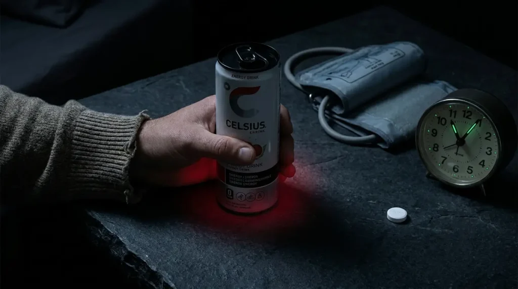Celsius energy drink beside a blood pressure cuff and a clock showing late night, illustrating side effect risks