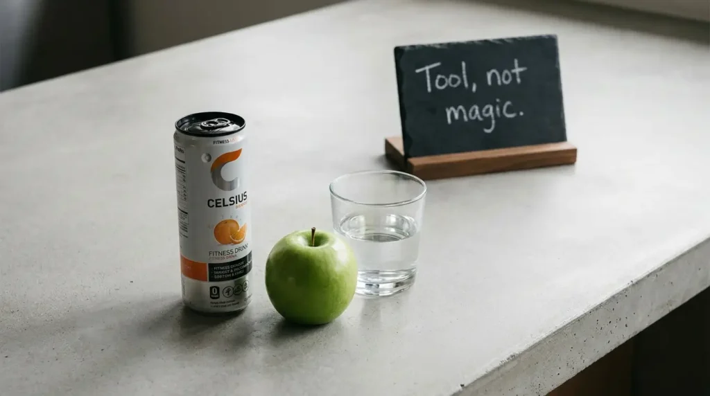 Celsius energy drink next to a green apple and water glass with a small sign reading tool not magic