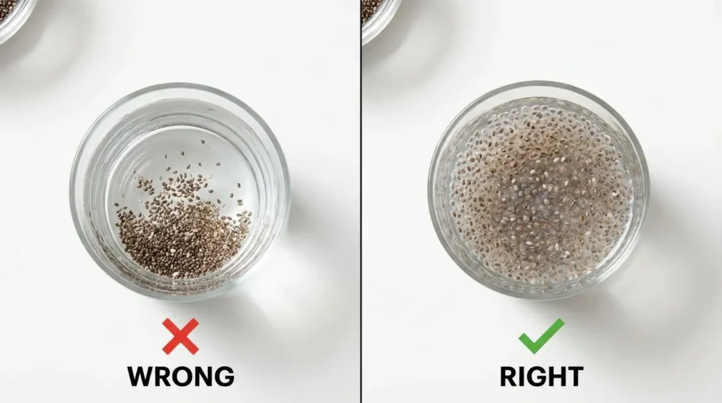 Side by side comparison of under-hydrated chia water with dry seeds versus properly hydrated chia water with fully gelled seeds