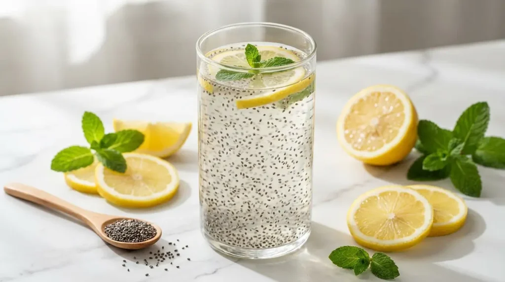 Chia seed drink for weight loss in a tall glass with lemon slices and mint on white marble