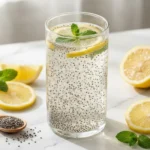 Chia seed drink for weight loss in a tall glass with lemon slices and mint on white marble
