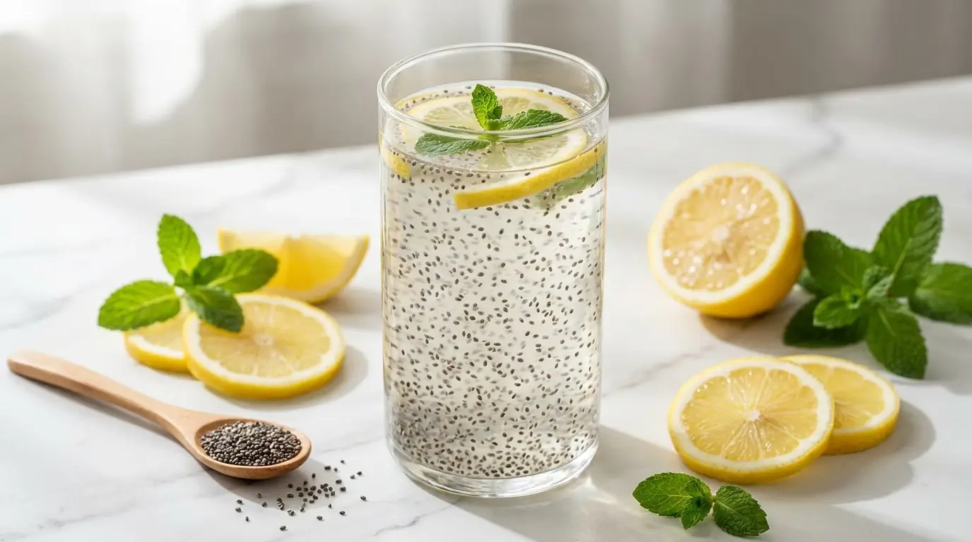 Chia seed drink for weight loss in a tall glass with lemon slices and mint on white marble