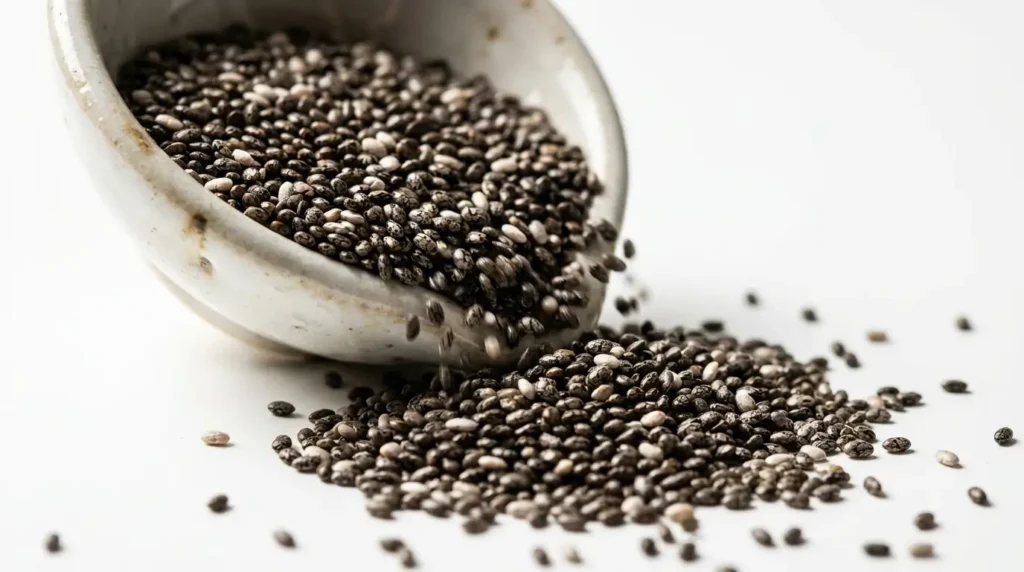 Close-up of black and white chia seeds on a ceramic spoon showing their small size and texture