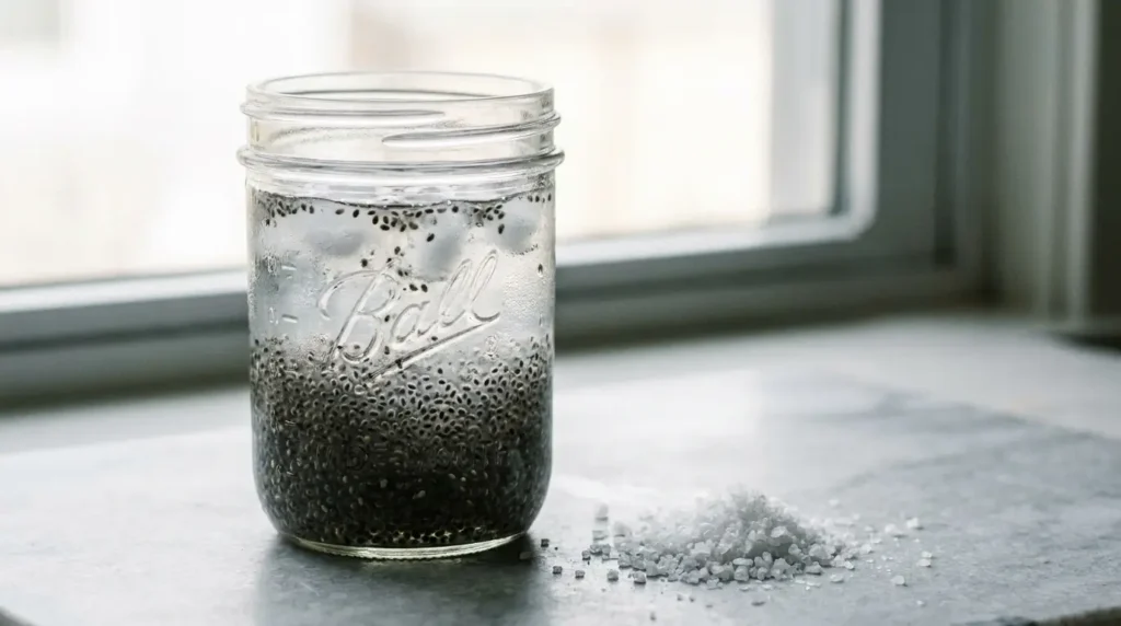 Classic chia water in a clear glass jar with swollen black chia seeds and ice cubes