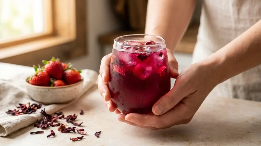 Hands holding a glass of homemade hibiscus strawberry pink weight loss drink with condensation