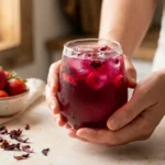 Hands holding a glass of homemade hibiscus strawberry pink weight loss drink with condensation