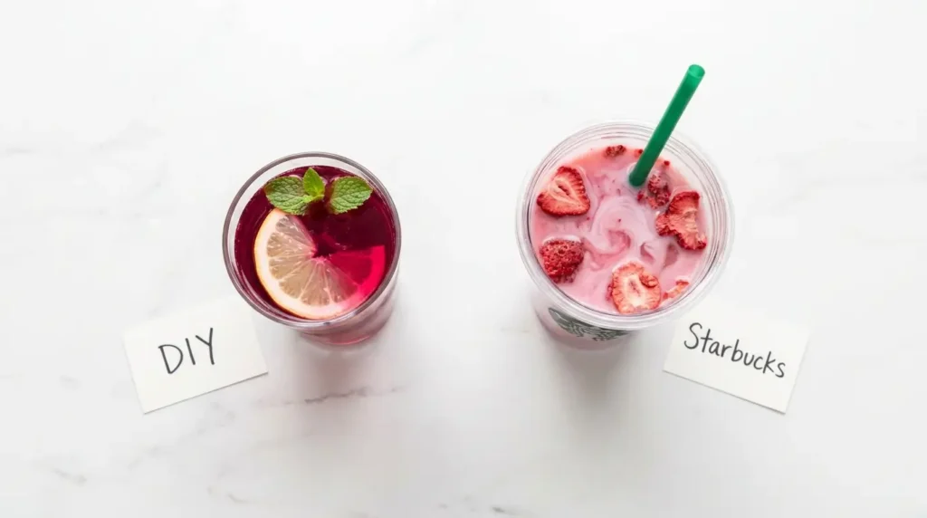 Side-by-side comparison of DIY hibiscus pink drink versus Starbucks Pink Drink for weight loss