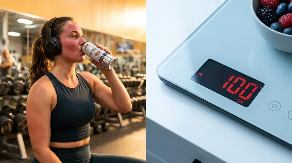 Woman drinking Celsius at the gym next to a scale showing a modest 100-calorie burn