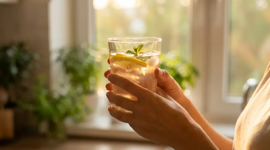 Woman holding a glass of fresh lemon water during her morning wellness routine