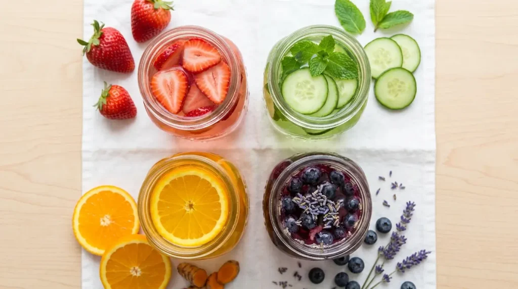 Four mason jars of different colored infused waters in a 2x2 grid: pink strawberry, green cucumber-mint, purple blueberry, and golden orange-turmeric