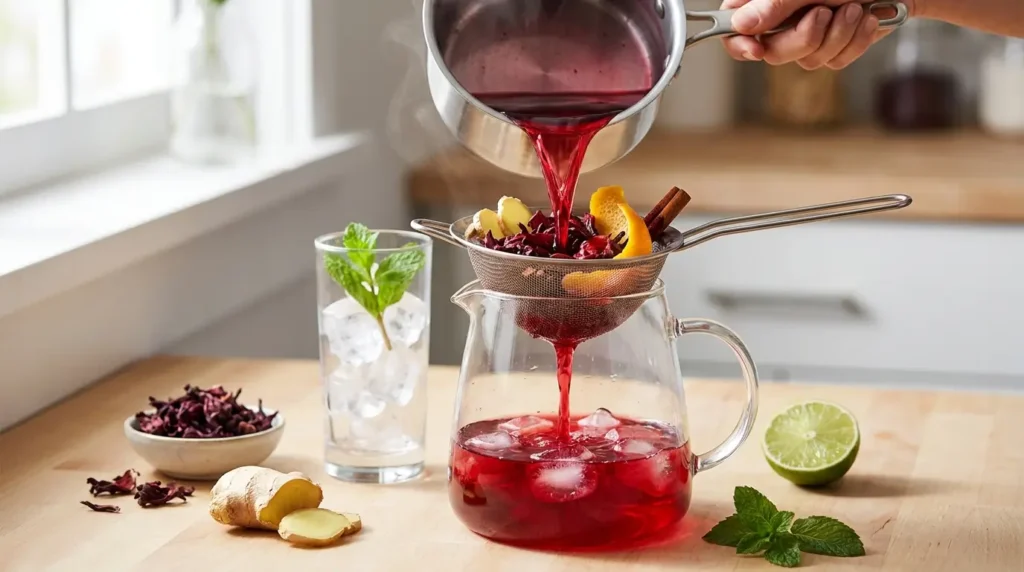 Pouring homemade pipi-style hibiscus tea through a fine-mesh strainer into a glass pitcher, with hibiscus calyces, ginger, cinnamon, and orange peel visible — step-by-step recipe shot