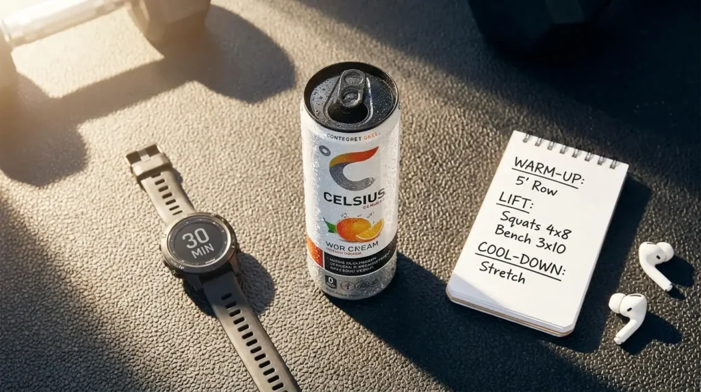Celsius can next to a sports watch showing 30 minutes and a workout schedule notebook on a gym floor