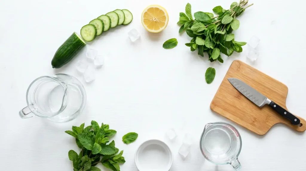 Overhead flat-lay of infused water prep ingredients: sliced cucumber, lemon, fresh mint, a glass pitcher, cutting board, and knife on a white surface