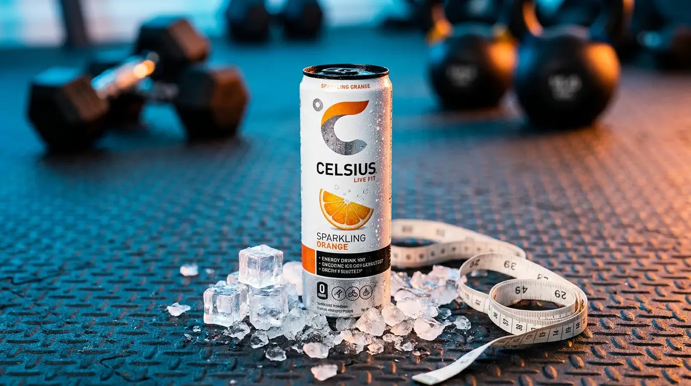 A cold Celsius energy drink can on a gym surface next to a measuring tape