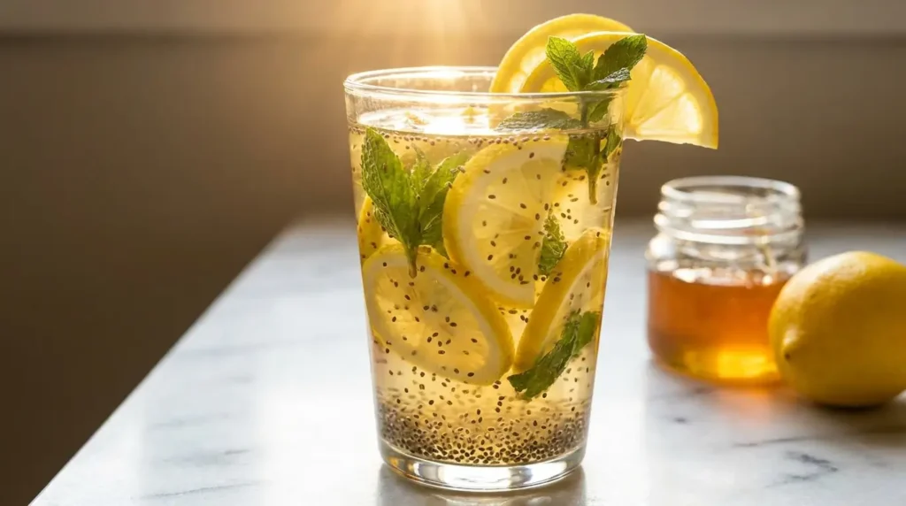Lemon chia seed weight loss drink in a tall glass with lemon slices and fresh mint garnish