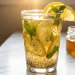 Lemon chia seed weight loss drink in a tall glass with lemon slices and fresh mint garnish