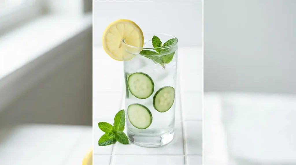 Tall glass of lemon-cucumber-mint infused water with a lemon wheel on the rim and mint leaves floating at the top, on a white tile surface
