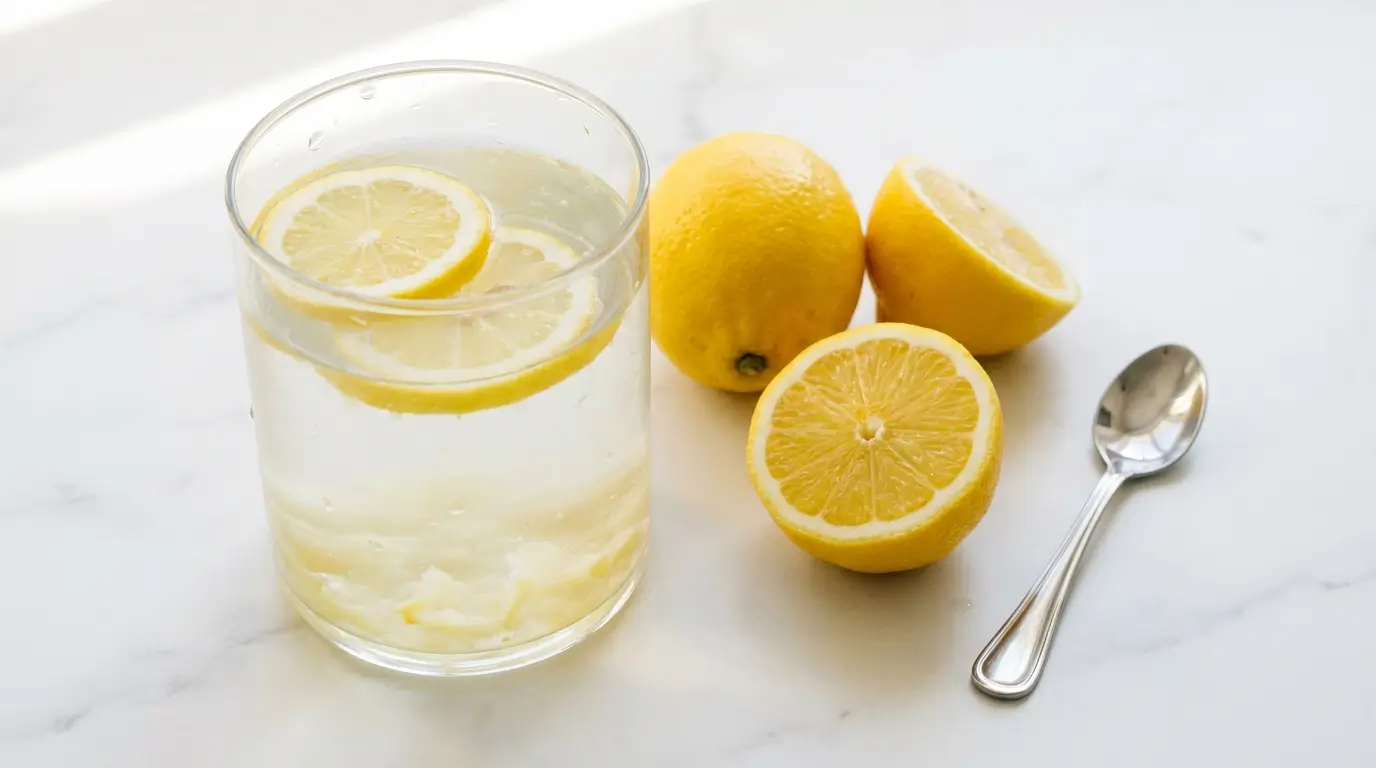 Glass of fresh lemon water with lemon slices on a white marble surface