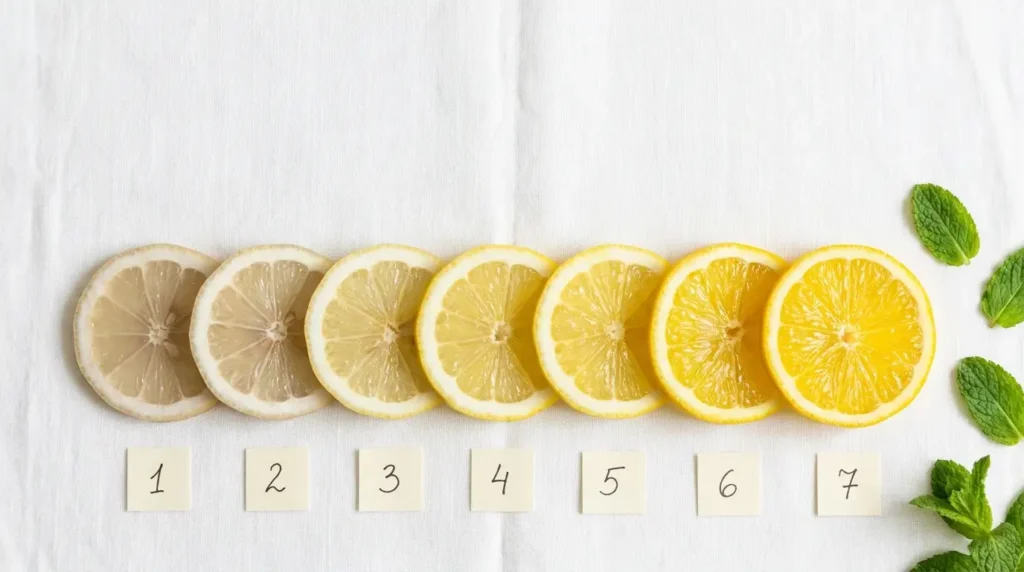 Seven lemon slices in a row numbered 1 through 7 representing the 7-day lemon water challenge timeline