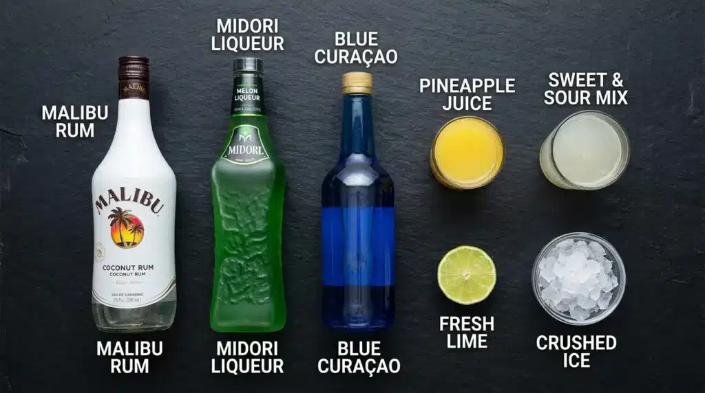 Ingredients for the Liquid Marijuana cocktail including Midori, Blue Curaçao, coconut rum, and pineapple juice