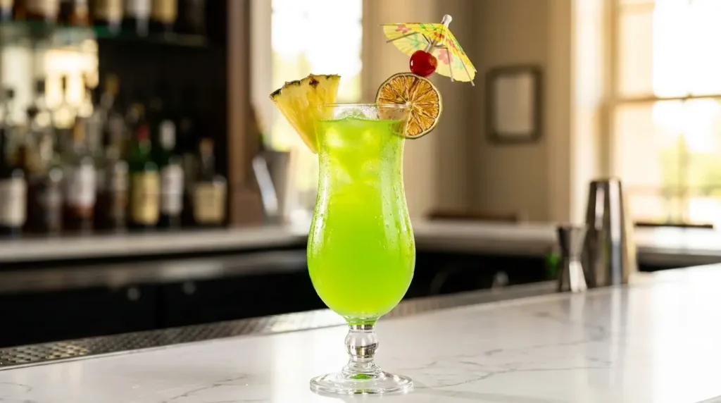 Liquid Marijuana cocktail with pineapple wedge, maraschino cherry, dehydrated lime wheel and cocktail umbrella garnish