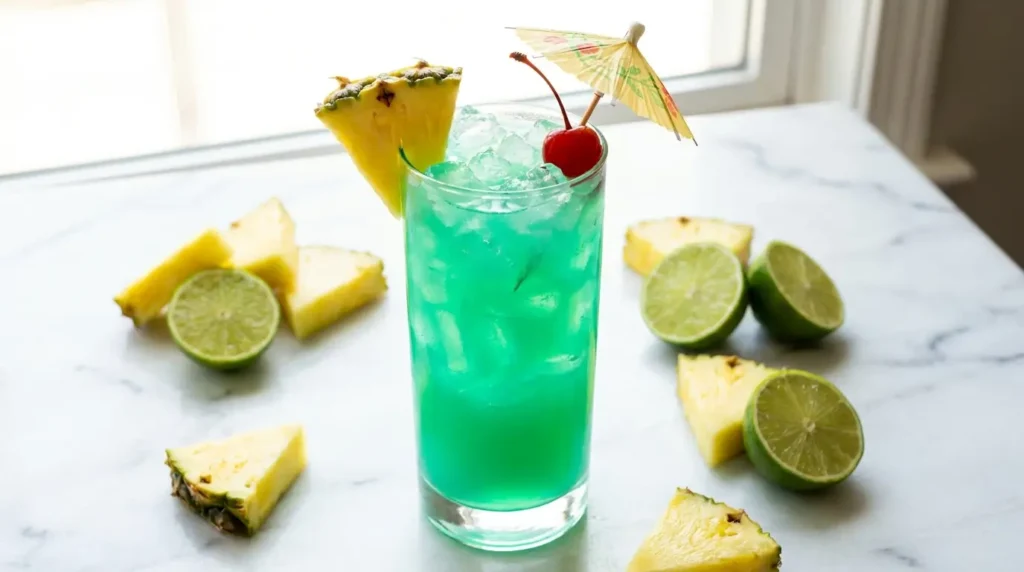 Liquid Marijuana cocktail in a tall glass with pineapple wedge and maraschino cherry garnish
