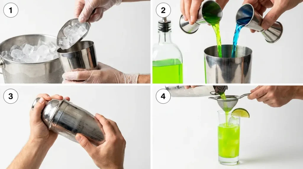 Step-by-step photos showing how to make a Liquid Marijuana cocktail in four stages