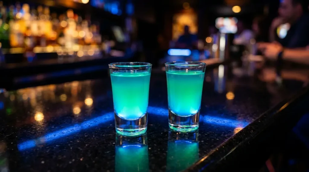 Two Liquid Marijuana shots in glass shot glasses with layered green and blue color