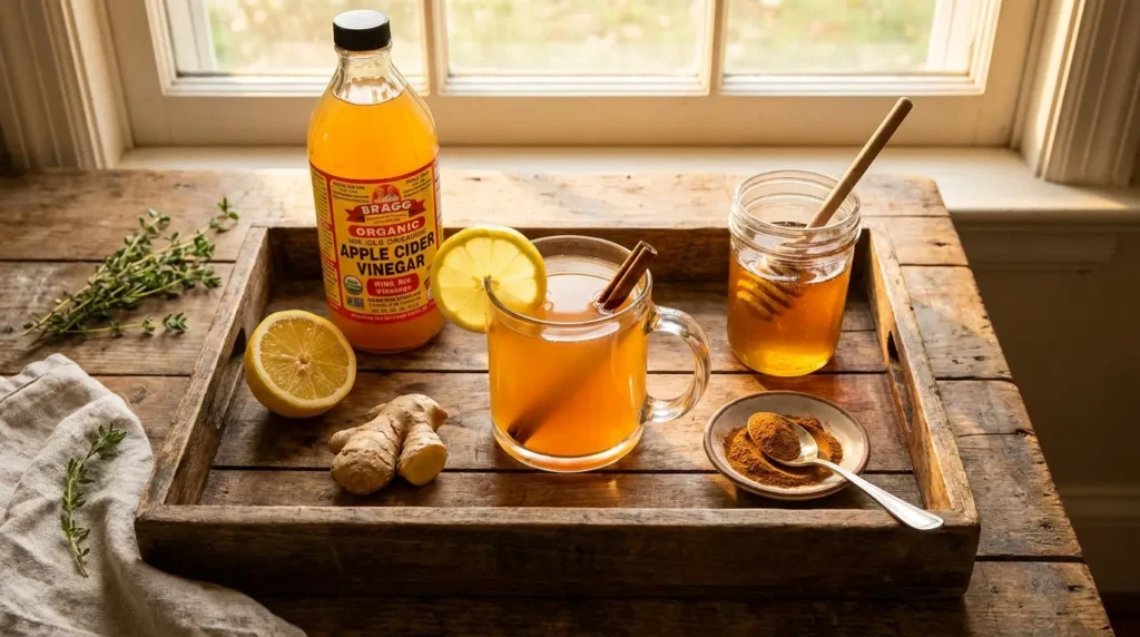 Morning apple cider vinegar weight loss tonic recipe with lemon, ginger, honey, and cinnamon