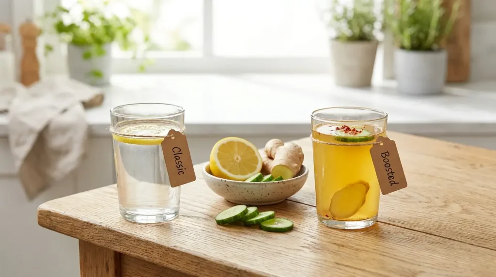 Classic lemon water and Boosted lemon water with ginger and cucumber side by side