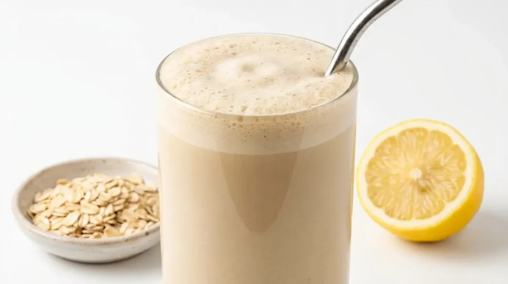 Close-up of oatzempic drink in a glass with a metal straw, rolled oats and lemon in background