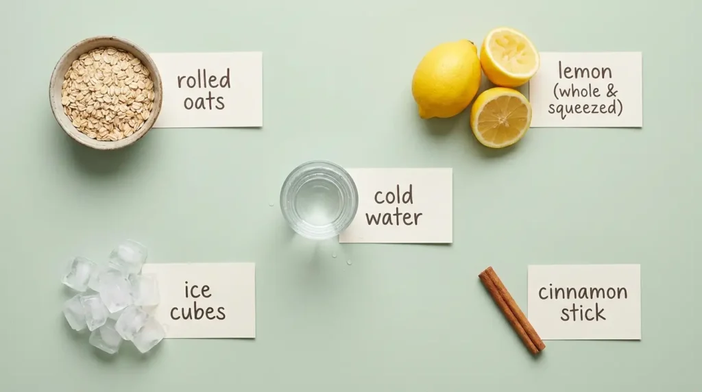 Oatzempic recipe ingredients flat lay: rolled oats, lemon, water, ice, and cinnamon on a light background
