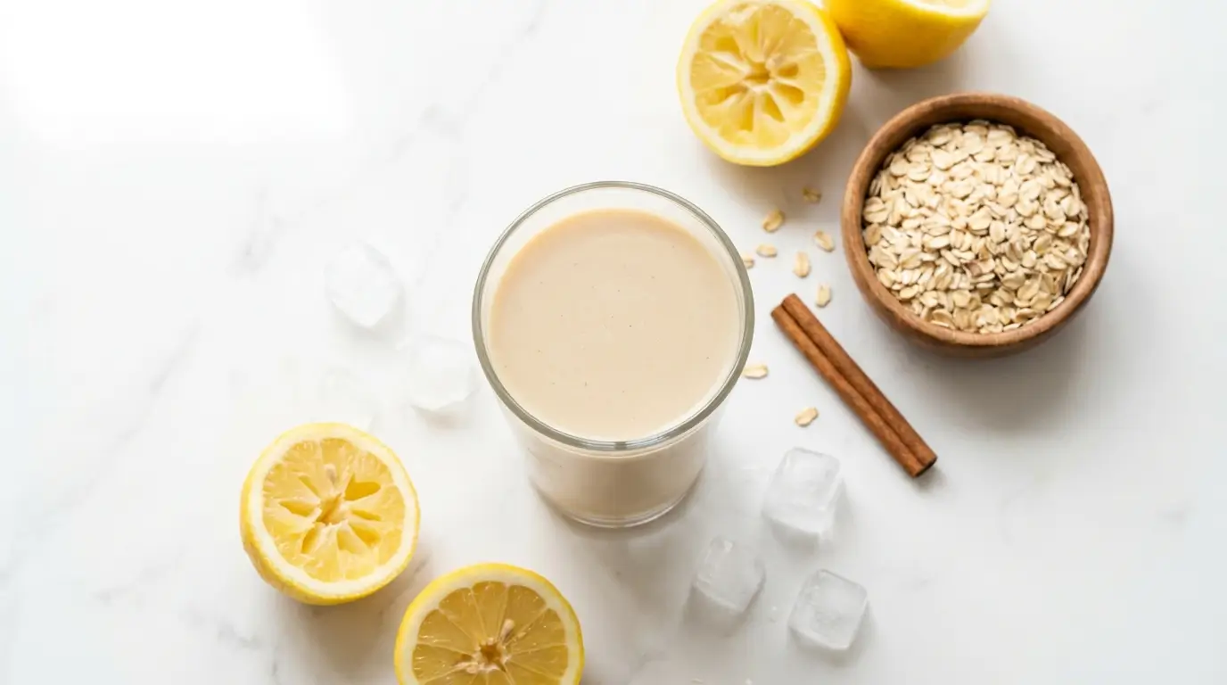 Oatzempic recipe in a tall clear glass with rolled oats, lemon halves, and cinnamon on a marble surface