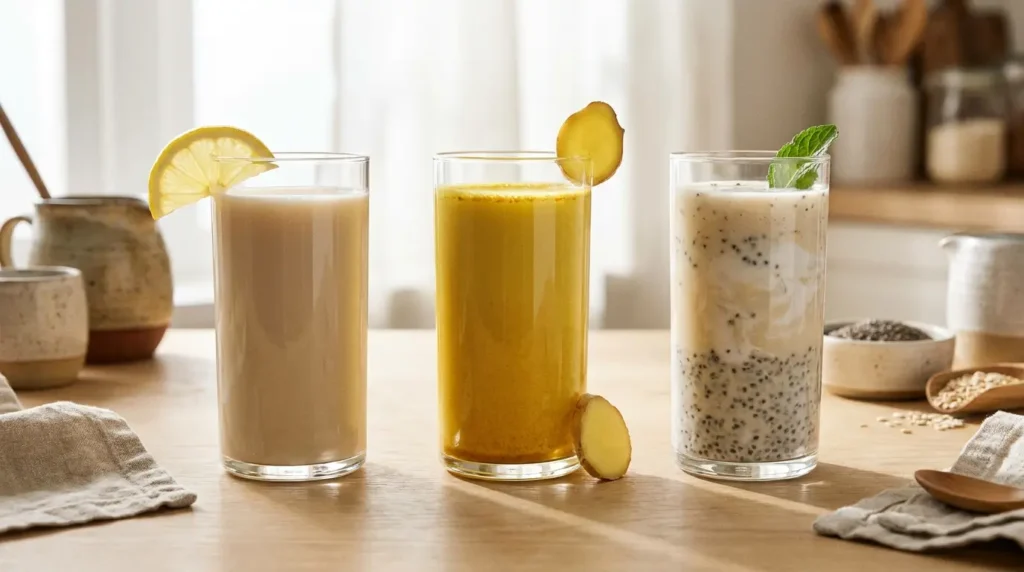 Three oatzempic recipe variations in glasses: original, turmeric ginger, and kefir chia versions side by side
