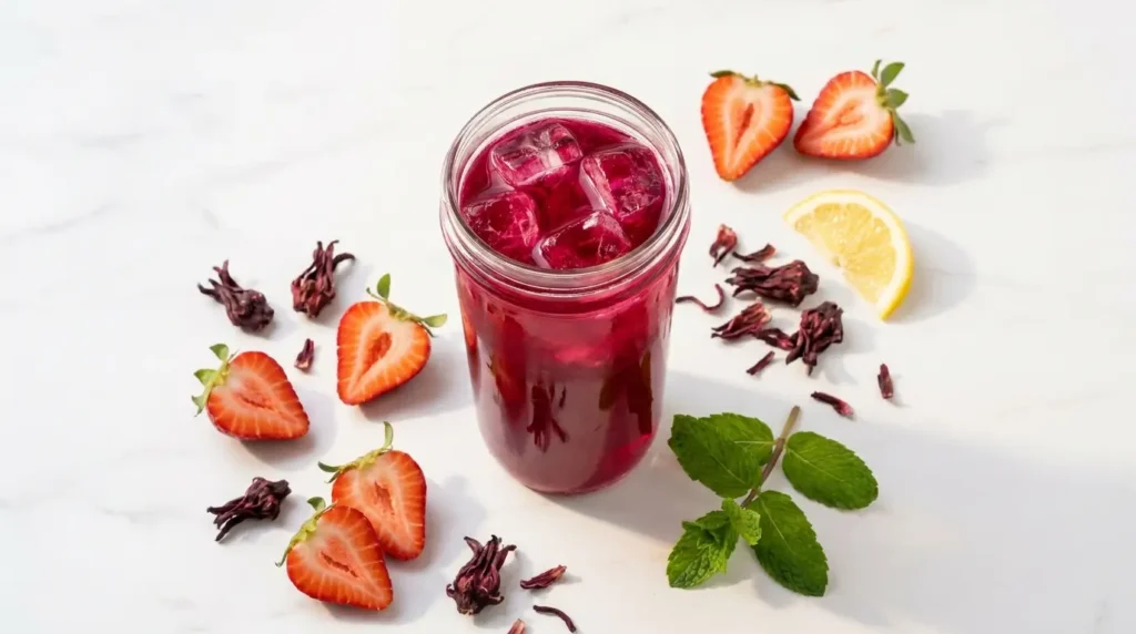 DIY pink drink for weight loss made with hibiscus and fresh strawberries in a tall glass on white marble