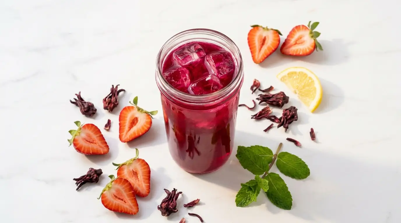 DIY pink drink for weight loss made with hibiscus and fresh strawberries in a tall glass on white marble
