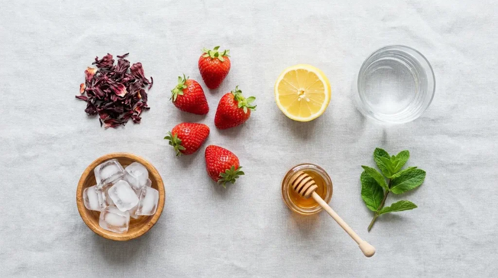 Ingredients for DIY pink weight loss drink including dried hibiscus flowers, fresh strawberries, lemon, and mint arranged on linen