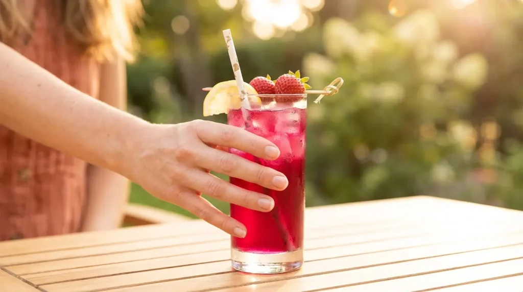 Woman holding a glass of pink hibiscus weight loss drink outdoors in golden hour sunlight