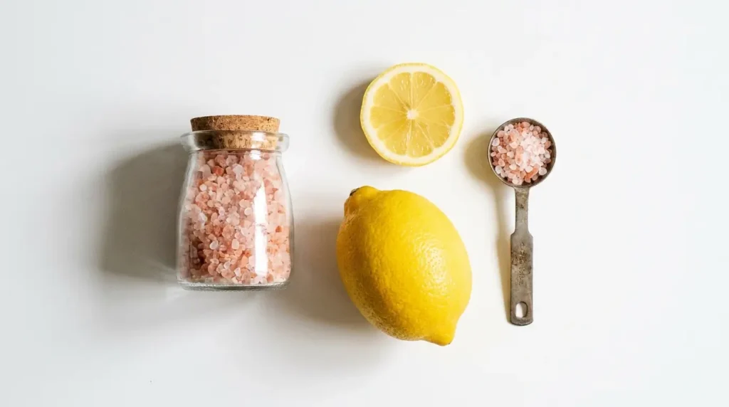 Ingredients for the pink salt weight loss drink — Himalayan pink salt, fresh lemon, and measuring spoon on white background