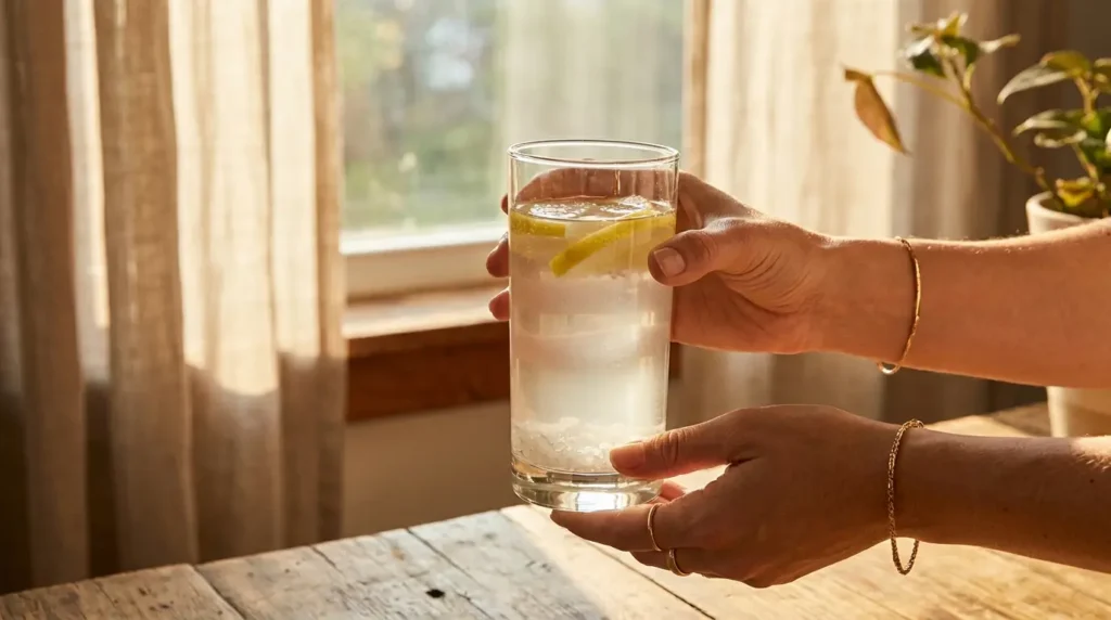 Woman holding a glass of pink salt lemon water in the morning — best time to drink the pink salt weight loss drink is 20–30 minutes before breakfast