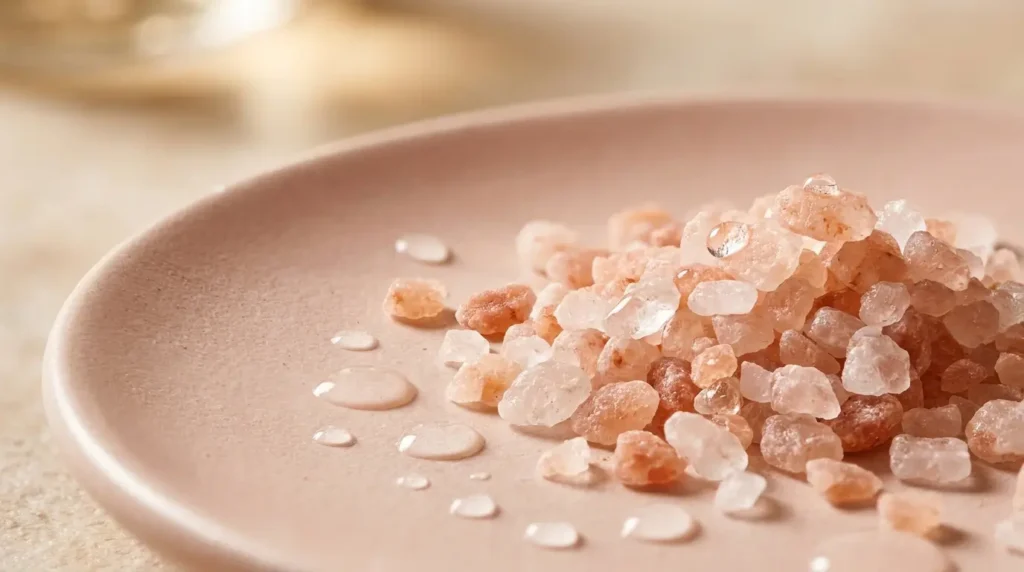 Himalayan pink salt crystals close-up — trace minerals that support sodium-potassium balance and hydration